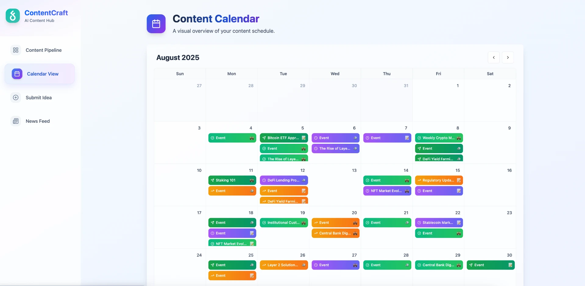 Calendar view of the publishing schedule