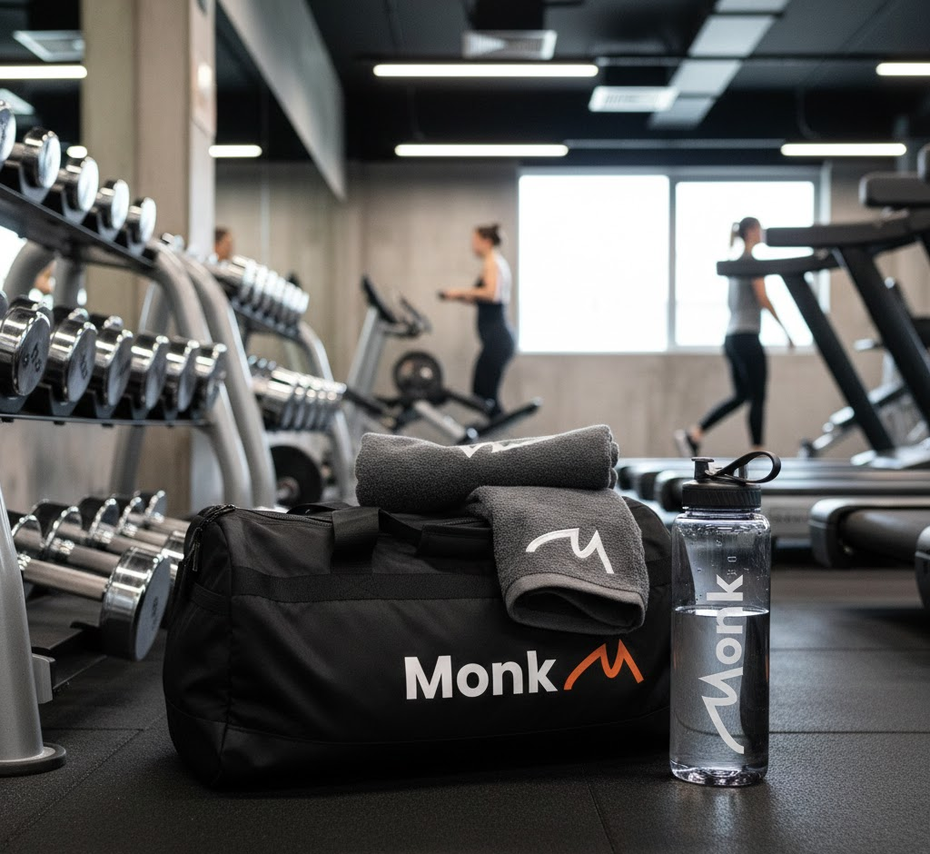 Black Monk branded duffel bag with a matching towel and water bottle