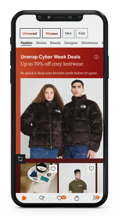 Zalando app mockup on a phone showing a new Universal tab alongside Women, Men and Kids above a Cyber Week knitwear campaign banner