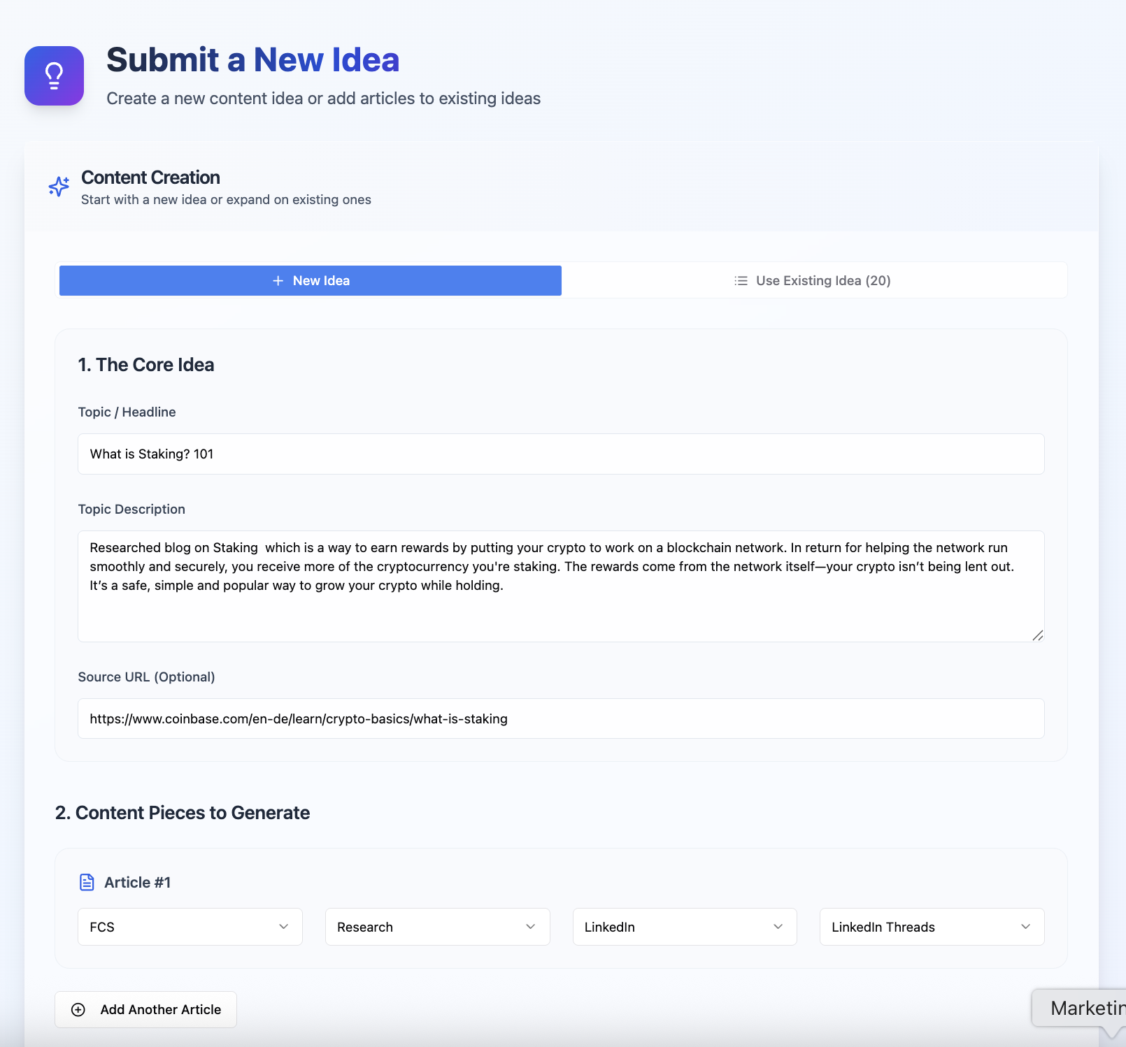 Submit an idea and choose the pieces to generate