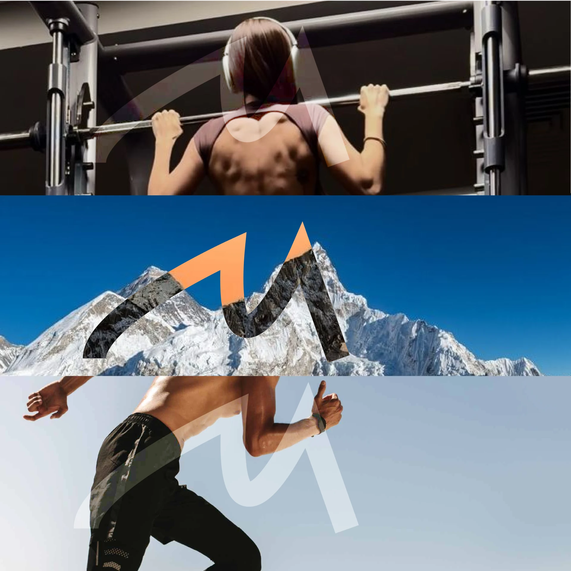 Three stacked panels showing the Monk M traced over a woman's back at a pull up bar, a mountain range and a man running