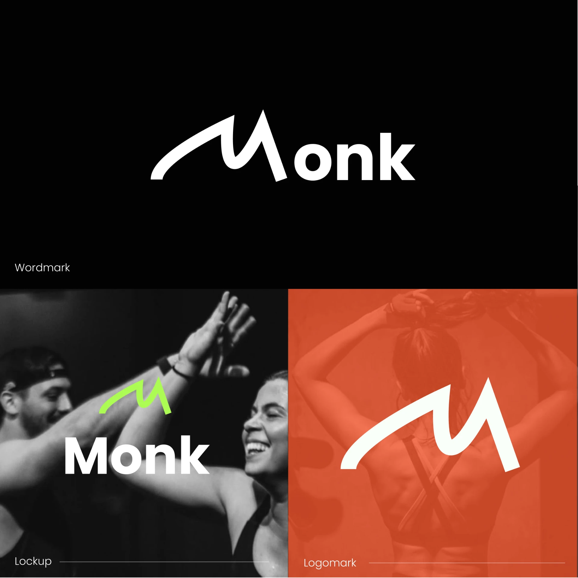 Four up grid of the Monk identity showing the wordmark, the lockup and the logomark on light and dark panels