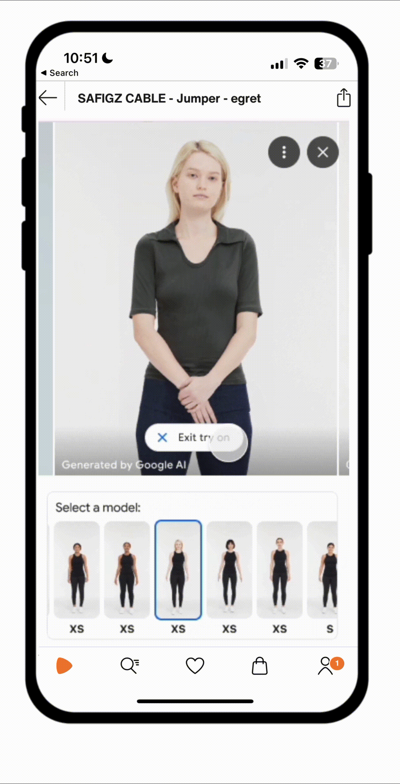 Animated Zalando virtual try-on: a cable jumper rendered on different AI-generated models with a Select a model row of sizes and an Exit try on button
